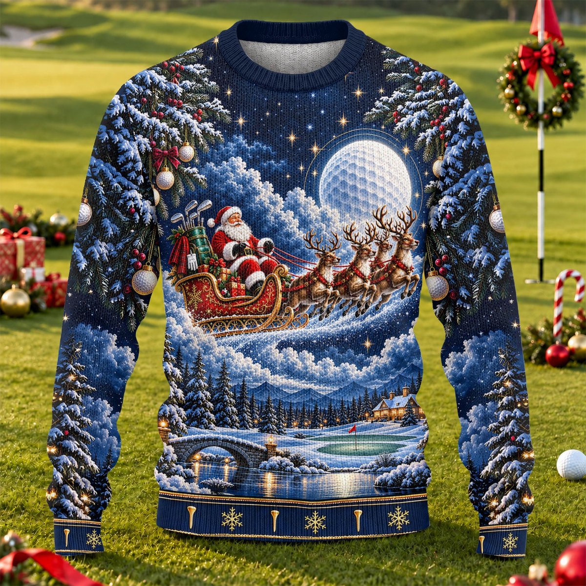 Santa Sleigh Golf Moon Ugly Christmas Sweater, Funny Holiday Sweater, Christmas Gifts