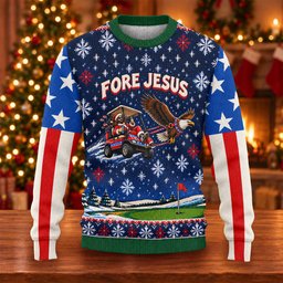 Fore Jesus Eagle Flag Ugly Christmas Sweater, Golf Lover Gifts, Funny Holiday Sweater