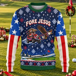 Fore Jesus Eagle Flag Ugly Christmas Sweater, Golf Lover Gifts, Funny Holiday Sweater