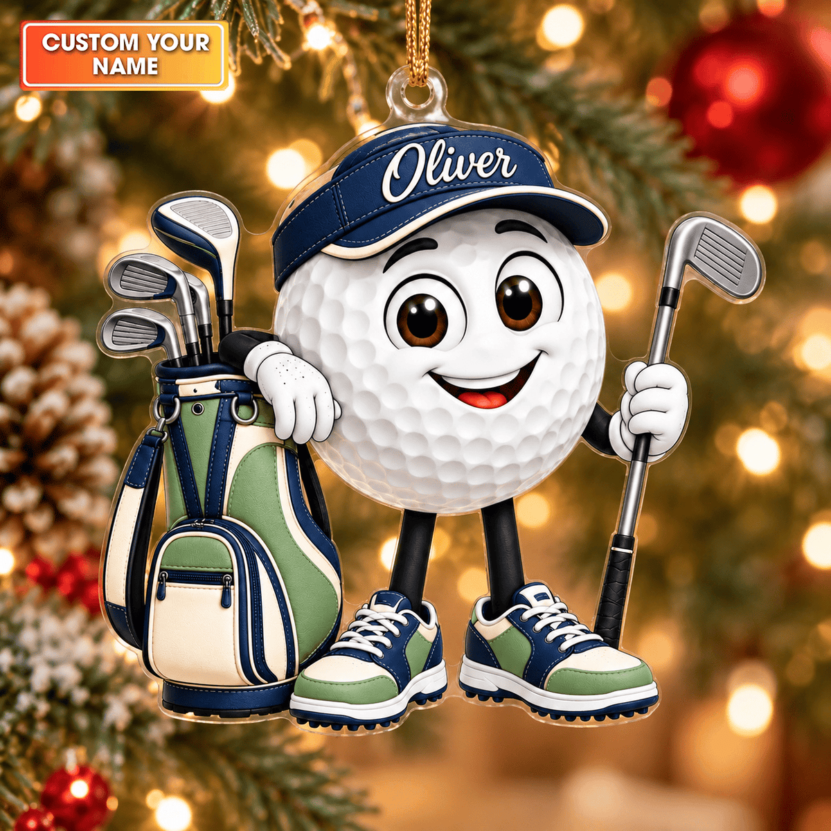 Custom Name Golf Ball And Bag Acrylic Ornament, Christmas Ornaments, Golf Lover Gifts