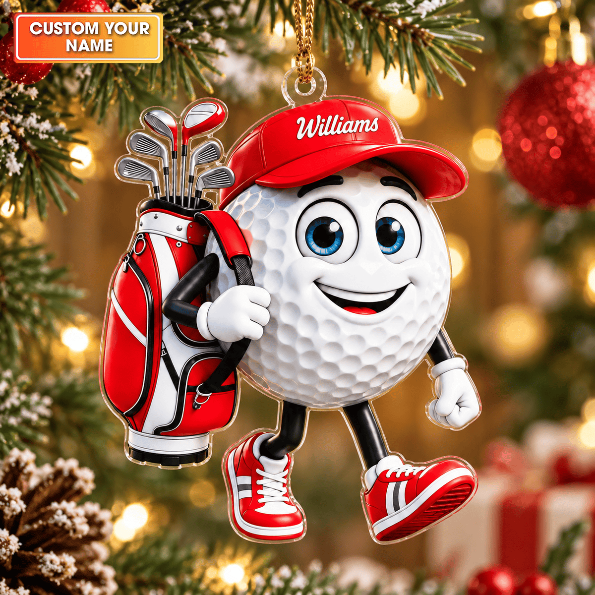 Custom Name Walking Golf Ball Acrylic Ornament, Christmas Tree Decor, Golfer Gifts