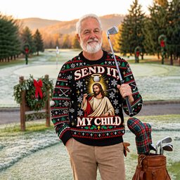Send It Golf Halo Jesus Ugly Christmas Sweater, Ugly Sweater Party, Golf Lover Gifts