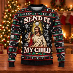 Send It Golf Halo Jesus Ugly Christmas Sweater, Ugly Sweater Party, Golf Lover Gifts