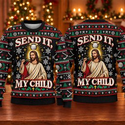 Send It Golf Halo Jesus Ugly Christmas Sweater, Ugly Sweater Party, Golf Lover Gifts