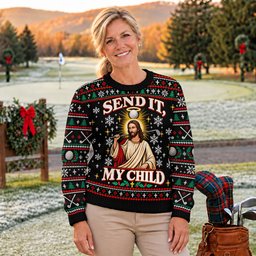 Send It Golf Halo Jesus Ugly Christmas Sweater, Ugly Sweater Party, Golf Lover Gifts