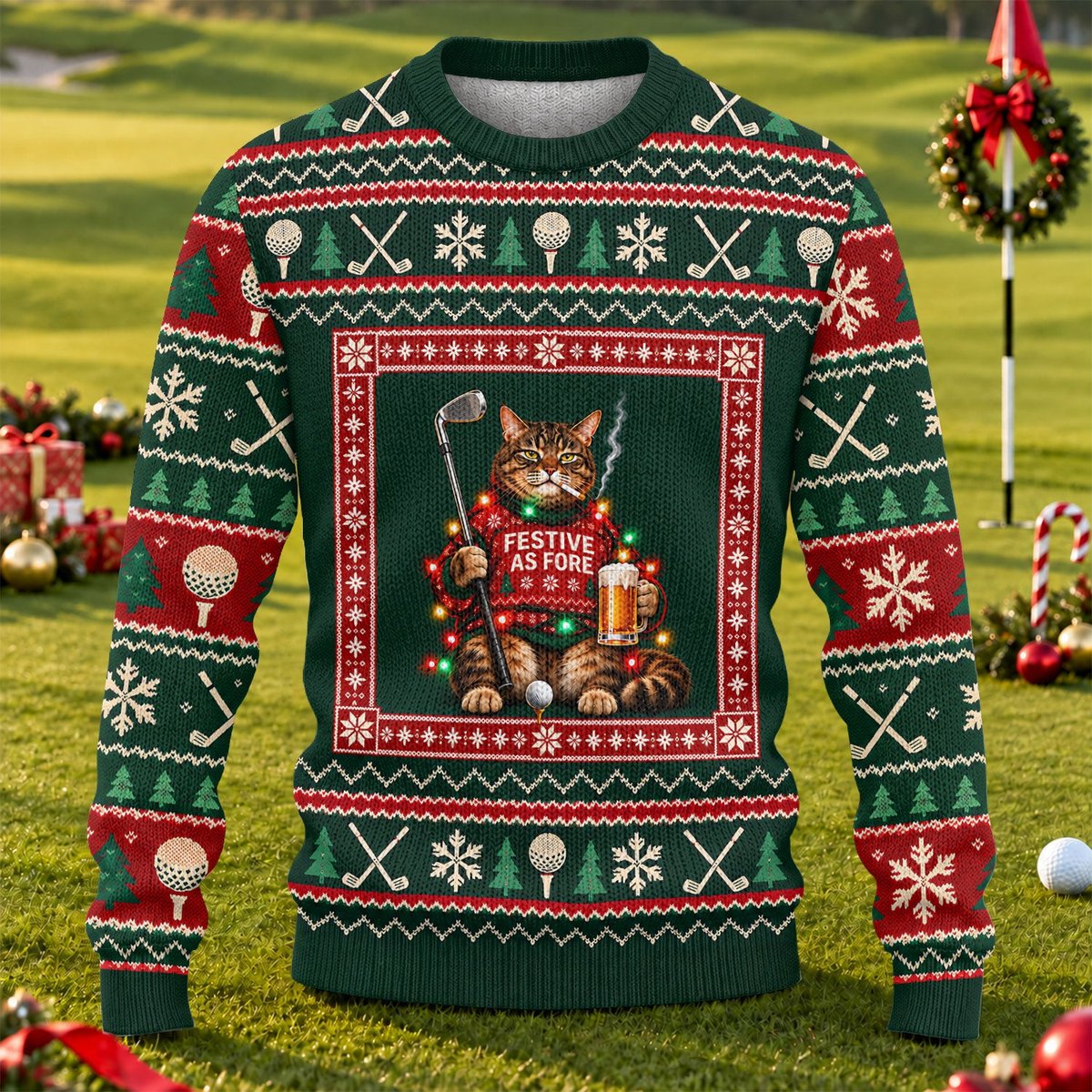 Festive As Fore Cat Beer Ugly Christmas Sweater, Funny Xmas Gift, Christmas Golf Gift
