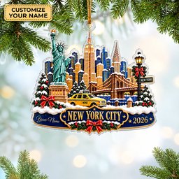 Custom Name New York Skyline Acrylic Ornament, Christmas Tree Decor, New York Gifts