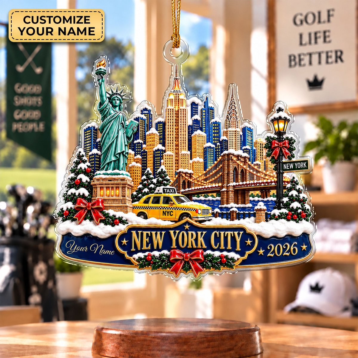 Custom Name New York Skyline Acrylic Ornament, Christmas Tree Decor, New York Gifts