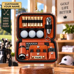 Custom Name Leather Golf Case Acrylic Ornament, Christmas Ornaments, Golfer Gifts