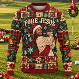 Fore Jesus Santa Hat Ugly Christmas Sweater, Christmas Sweater Gift, Golf Lover Gifts