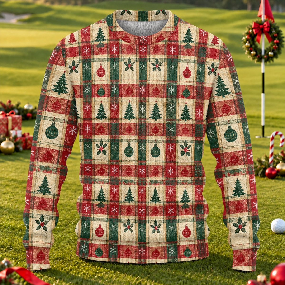 Tree Patchwork Plaid Ugly Christmas Sweater, Christmas Gifts, Christmas Sweater Gift