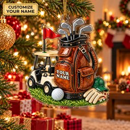 Custom Name Leather Golf Bag Cart Acrylic Ornament, Christmas Gifts, Holiday Keepsake