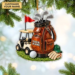 Custom Name Leather Golf Bag Cart Acrylic Ornament, Christmas Gifts, Holiday Keepsake