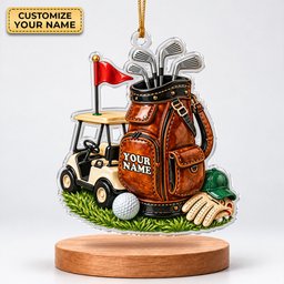 Custom Name Leather Golf Bag Cart Acrylic Ornament, Christmas Gifts, Holiday Keepsake