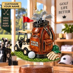Custom Name Leather Golf Bag Cart Acrylic Ornament, Christmas Gifts, Holiday Keepsake