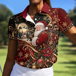 Golden Swirl Santa Golfer Christmas Golf Shirt, Womens Golf Tops, Ladies Golf Shirts