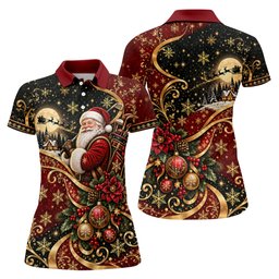 Golden Swirl Santa Golfer Christmas Golf Shirt, Womens Golf Tops, Ladies Golf Shirts