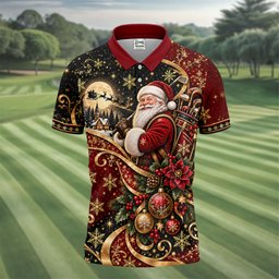 Golden Swirl Santa Golfer Christmas Golf Shirt, Mens Golf Polo, Golf Shirts For Men