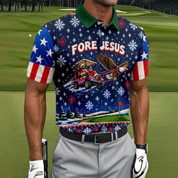 Fore Jesus Eagle Flag Christmas Golf Shirt, Golf Shirts For Men, Mens Golf Shirts
