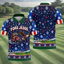 Fore Jesus Eagle Flag Christmas Golf Shirt, Golf Shirts For Men, Mens Golf Shirts