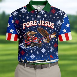 Fore Jesus Eagle Flag Christmas Golf Shirt, Golf Shirts For Men, Mens Golf Shirts
