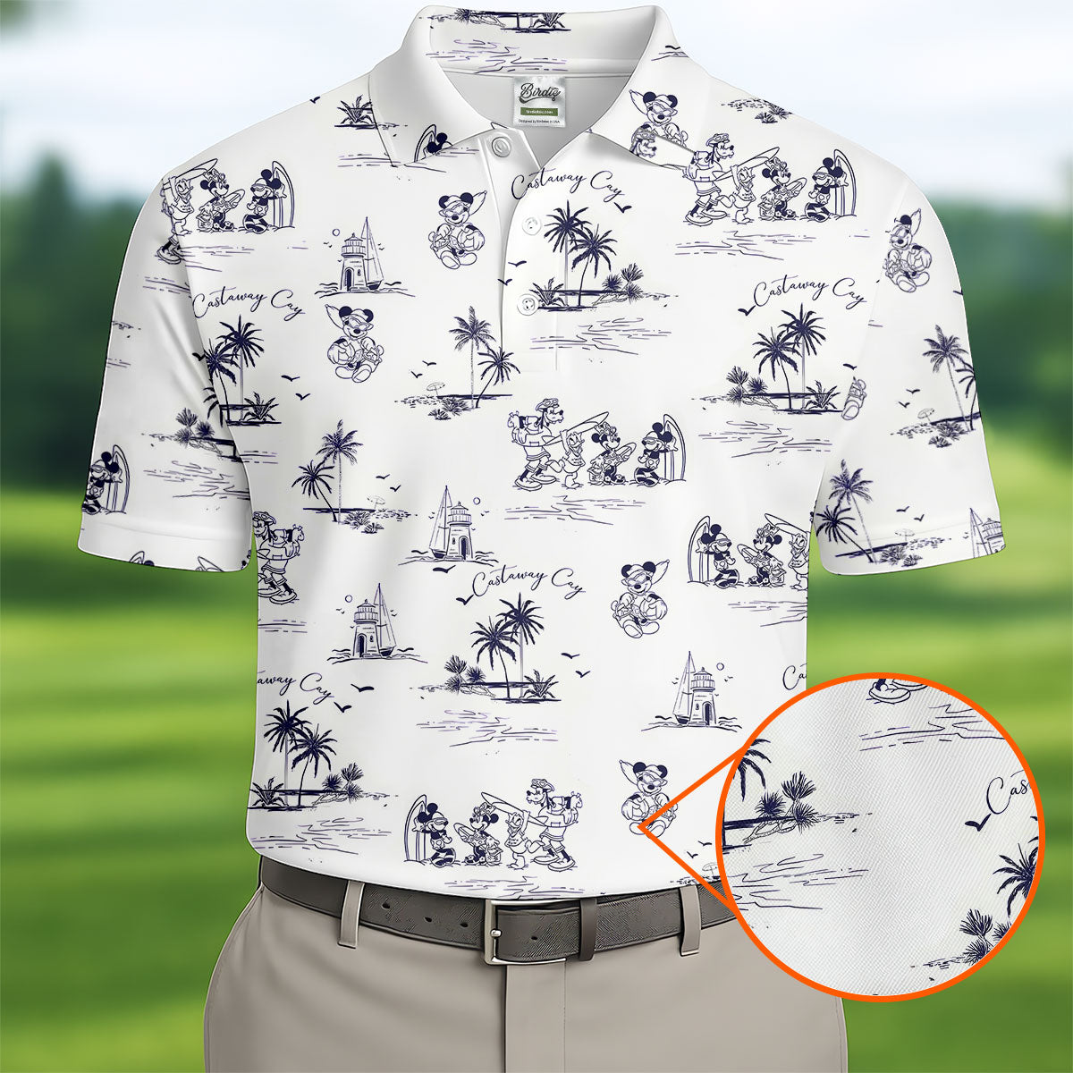 Cartoon Island Getaway Hawaiian Golf Shirt, Mens Golf Clothing, Mens Golf Shirts