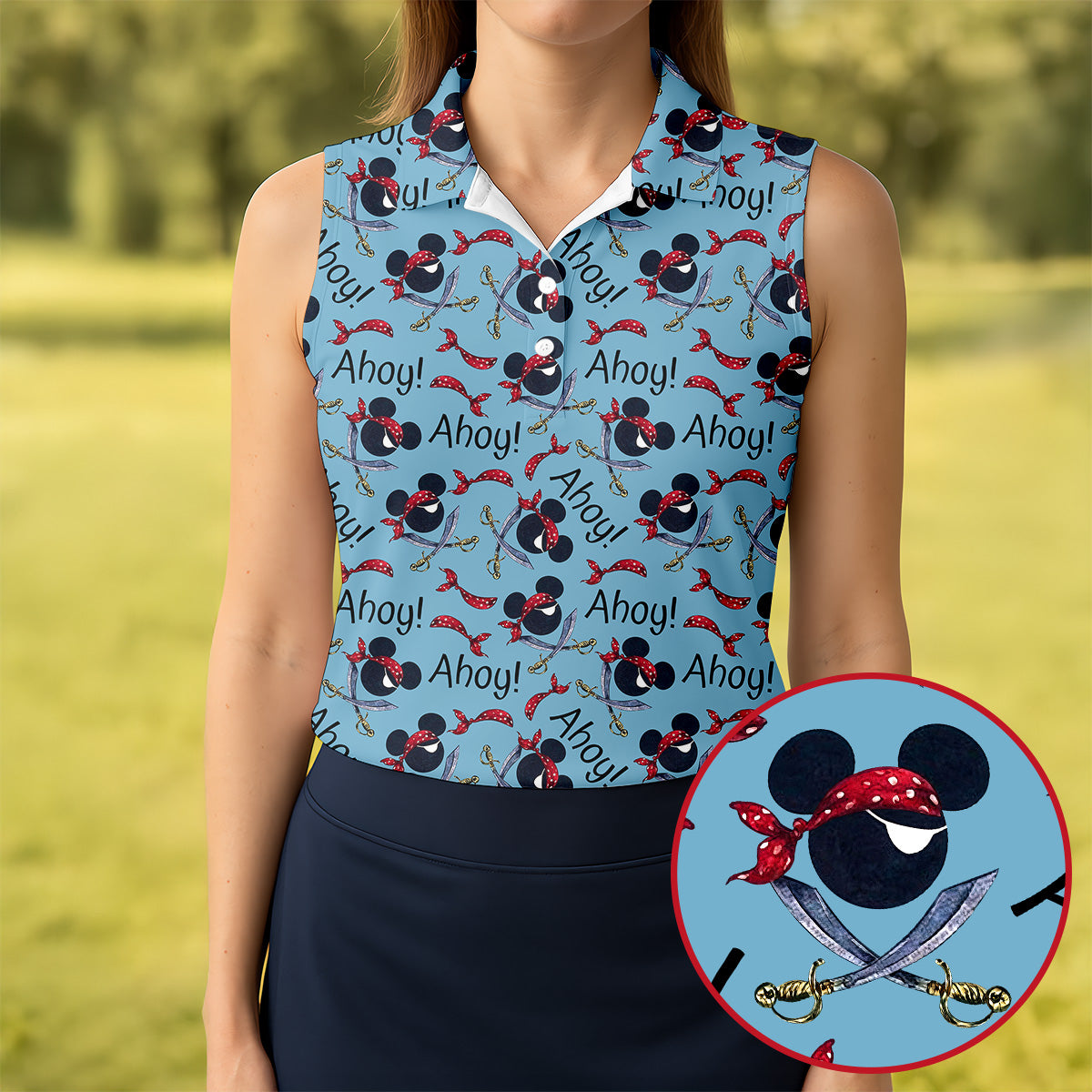 Ahoy Pirate Mouse Ears Bandana Golf Shirt, Womens Golf Apparel, Womens Golf Tops