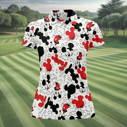 Red And Black Cartoon Mouse Doodle Golf Shirt, Womens Golf Apparel, Ladies Golf Tops