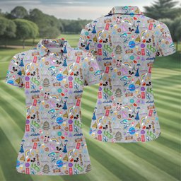 World Travel Icons Pattern Golf Shirt, Ladies Golf Apparel, Golf Gifts For Women