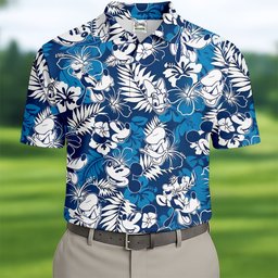 Blue Hibiscus Cartoon Hawaiian Golf Shirt, Golf Shirts For Men, Golf Polo For Men
