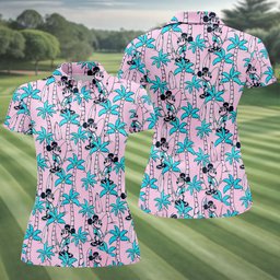 Pink Palm Cartoon Surf Hawaiian Golf Shirt, Womens Golf Tops, Golf Shirts For Women