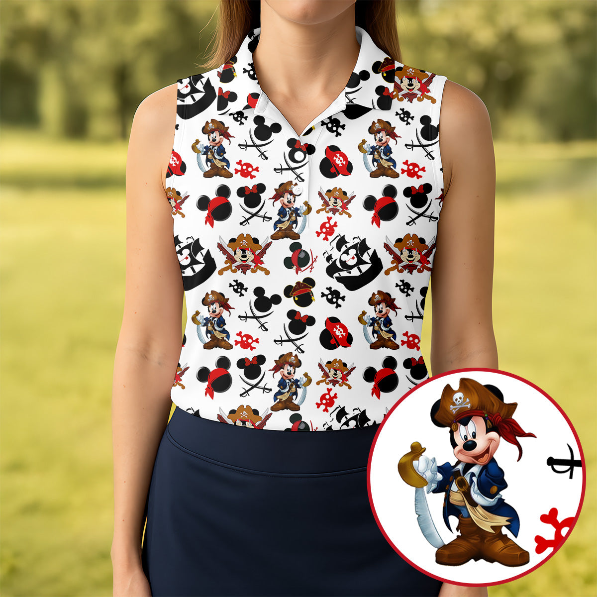 Pirate Cartoon Mouse Skull Swords Golf Shirt, Ladies Golf Shirts, Womens Golf Apparel