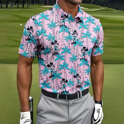 Pink Palm Cartoon Surf Hawaiian Golf Shirt, Golf Polo For Men, Mens Golf Apparel