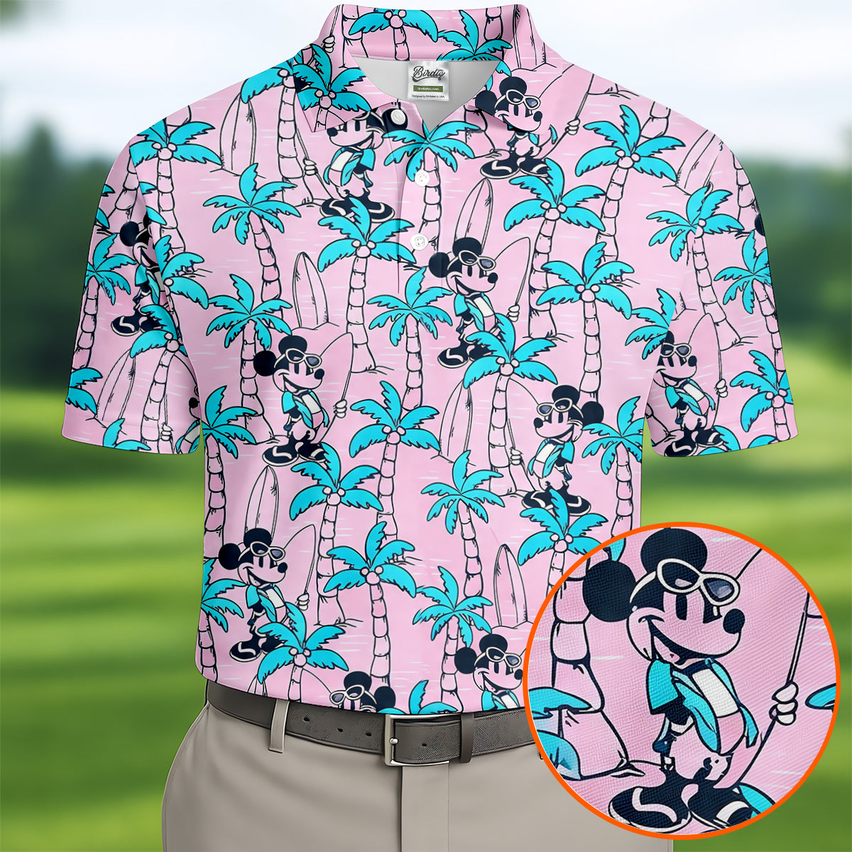 Pink Palm Cartoon Surf Hawaiian Golf Shirt, Golf Polo For Men, Mens Golf Apparel