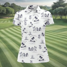 Cartoon Island Getaway Hawaiian Golf Shirt, Womens Golf Clothing, Ladies Golf Tops