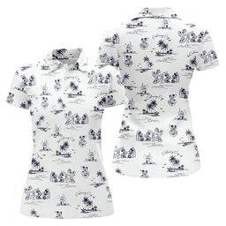 Cartoon Island Getaway Hawaiian Golf Shirt, Womens Golf Clothing, Ladies Golf Tops