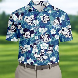 Hibiscus Cartoon Mouse Pair Hawaiian Golf Shirt, Mens Golf Apparel, Golf Polo For Men