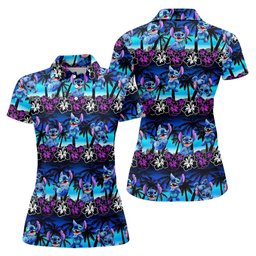 Neon Palm Hibiscus Alien Hawaiian Golf Shirt, Womens Golf Shirts, Womens Golf Apparel