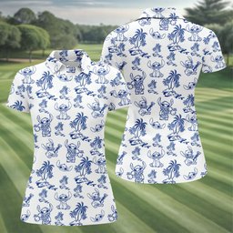 Navy Sketch Alien Palm Island Hawaiian Golf Shirt, Ladies Golf Tops, Womens Golf Tops