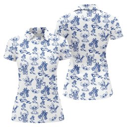 Navy Sketch Alien Palm Island Hawaiian Golf Shirt, Ladies Golf Tops, Womens Golf Tops