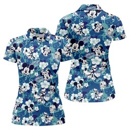 Hibiscus Cartoon Mouse Pair Hawaiian Golf Shirt, Womens Golf Shirts, Womens Golf Tops