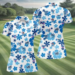 Retro Flower Alien Cartoon Hawaiian Golf Shirt, Ladies Golf Tops, Womens Golf Apparel