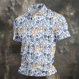 Blue Floral Cartoon Dogs Hawaiian Golf Shirt, Mens Golf Clothing, Golf Polo For Men
