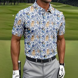 Blue Floral Cartoon Dogs Hawaiian Golf Shirt, Mens Golf Clothing, Golf Polo For Men