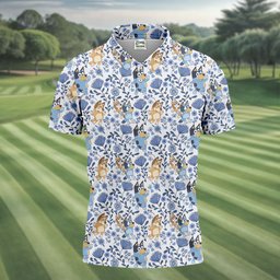 Blue Floral Cartoon Dogs Hawaiian Golf Shirt, Mens Golf Clothing, Golf Polo For Men
