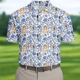 Blue Floral Cartoon Dogs Hawaiian Golf Shirt, Mens Golf Clothing, Golf Polo For Men
