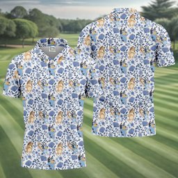 Blue Floral Cartoon Dogs Hawaiian Golf Shirt, Mens Golf Clothing, Golf Polo For Men