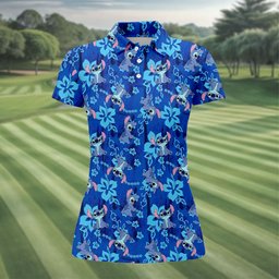 Blue Hibiscus Alien Cartoon Hawaiian Golf Shirt, Womens Golf Shirts, Ladies Golf Tops