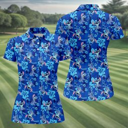 Blue Hibiscus Alien Cartoon Hawaiian Golf Shirt, Womens Golf Shirts, Ladies Golf Tops