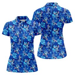 Blue Hibiscus Alien Cartoon Hawaiian Golf Shirt, Womens Golf Shirts, Ladies Golf Tops